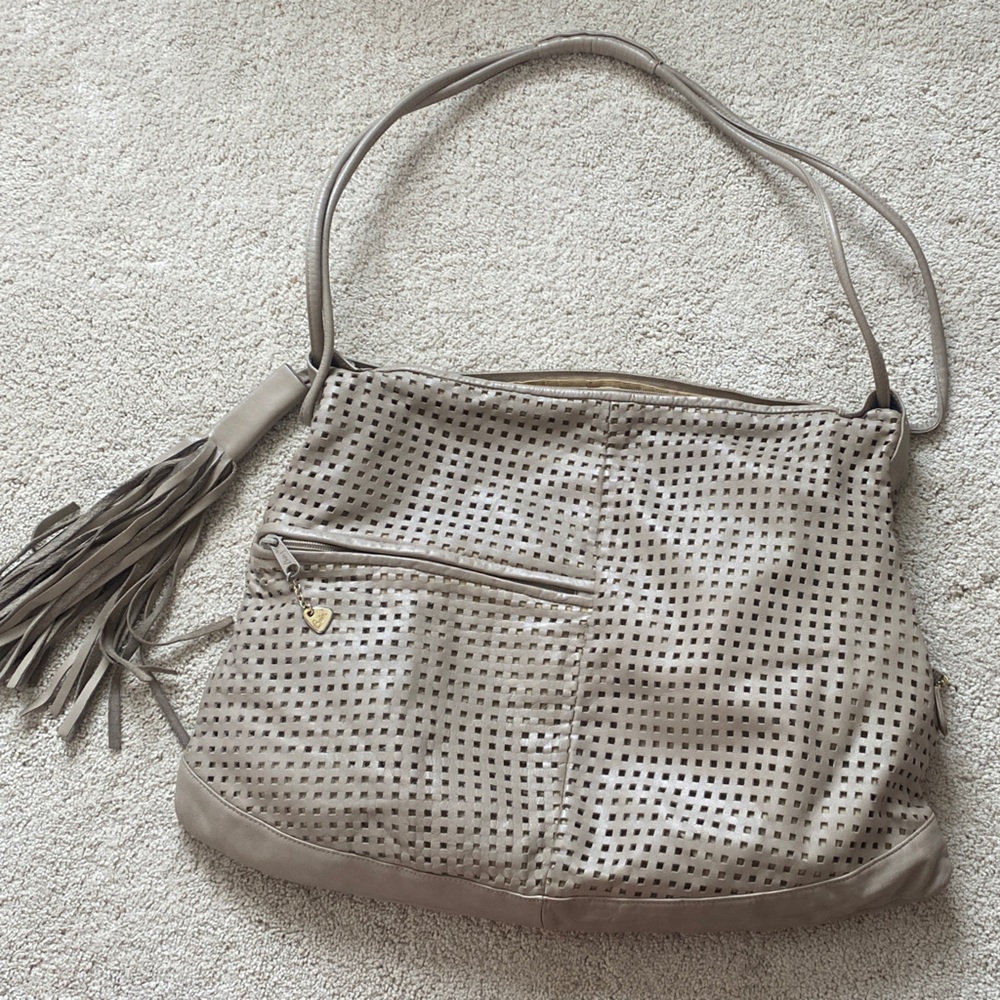 Brio Taupe Perforated Leather Shoulder Bag with Tassel